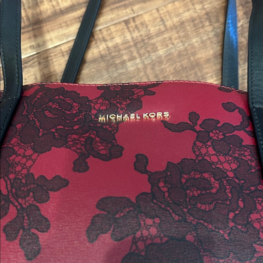 Michael Kors Burgundy Floral Tote and Wristlet Wallet Combo - Picture 2 of 8